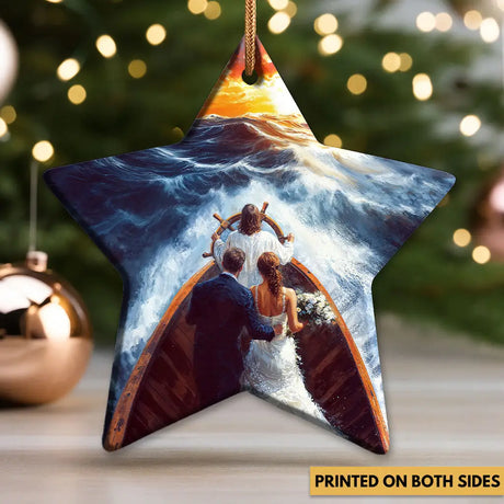 Christian gift ornament showing Jesus guiding husband and wife, symbol of hope, faith, and devotion.