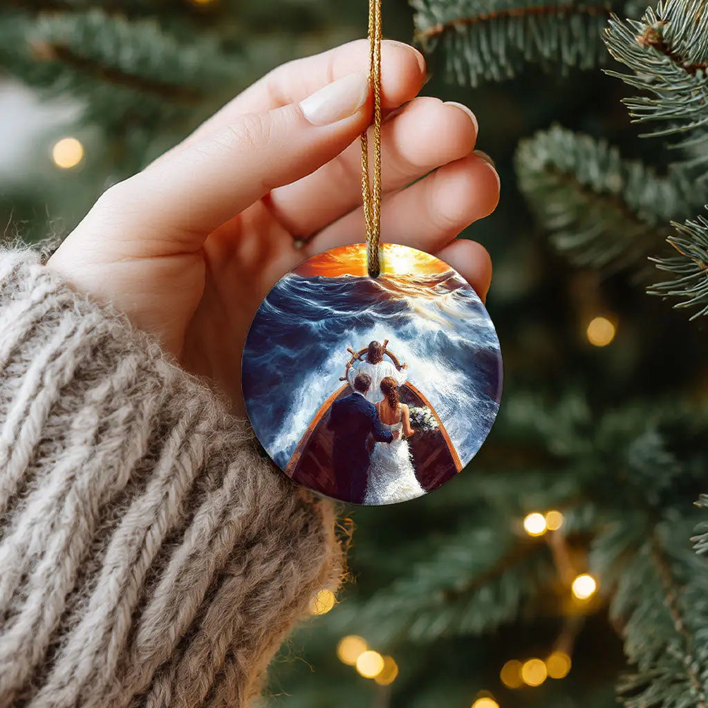 Christian wedding ornament symbolizing Jesus leading a husband and wife safely through challenges.