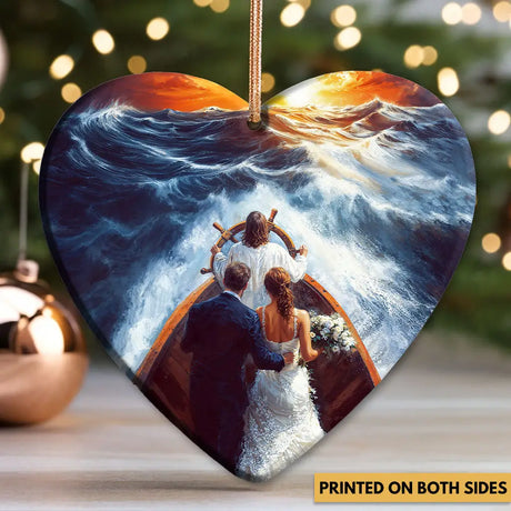 Spiritual ornament showing Jesus driving through turbulent waters, keeping a couple safe in His love.