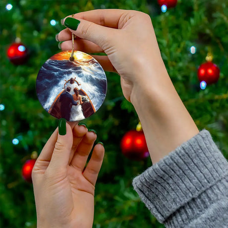 Beautiful Christian Christmas ornament depicting Jesus guiding a couple with love and peace.