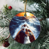 Jesus Taking the Wheel ornament showing Christ guiding a married couple through life’s storms. Circle / 1-pack
