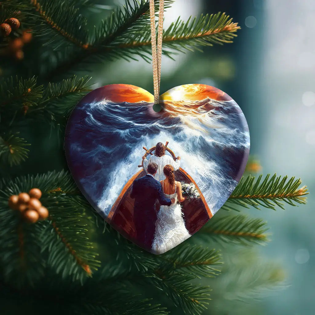 Meaningful Christian decor showing Jesus at the wheel, steering a couple toward hope and unity. Heart / 1-pack
