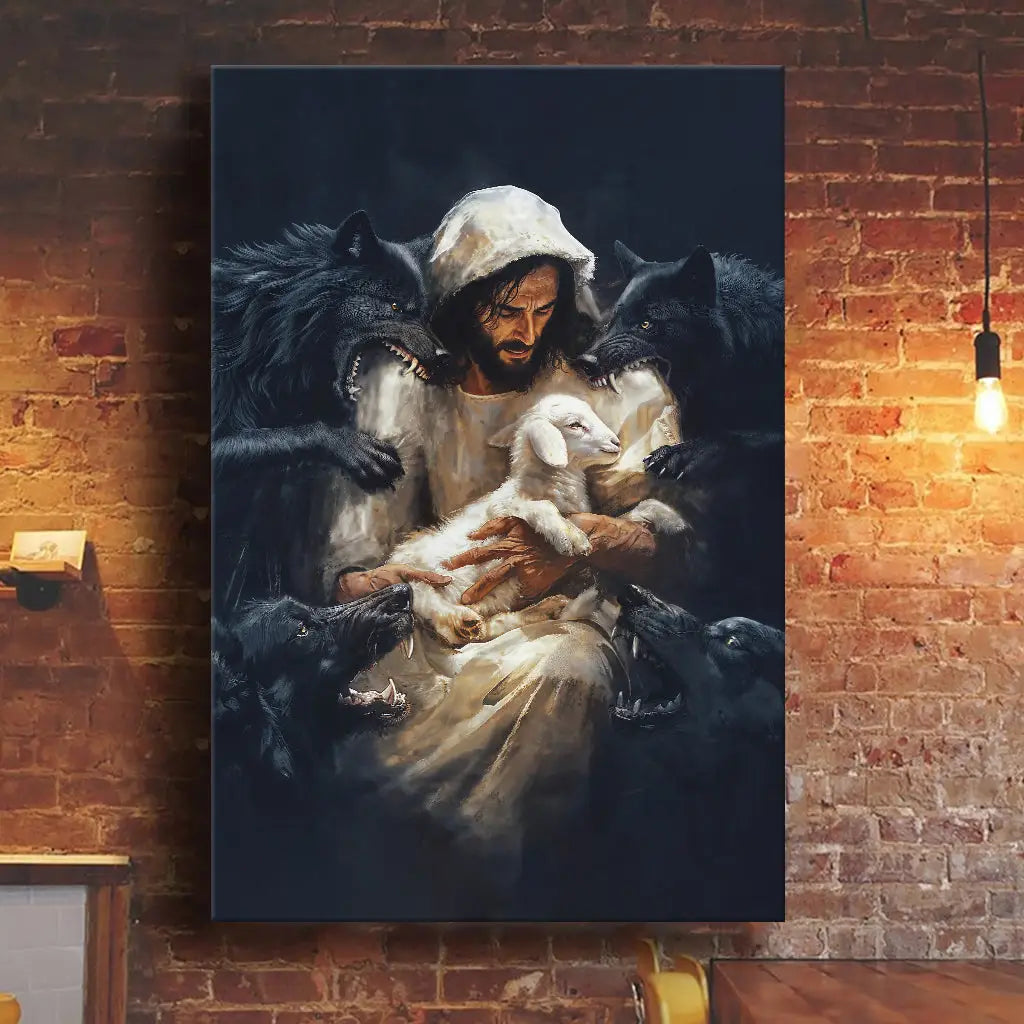 Jesus The Good Shepherd Protecting His Lamb from the Wolves Wall Art Canvas Print