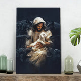 Inspirational wall art featuring Jesus protecting His lamb from wolves, symbolizing divine care and faith in Christian art.