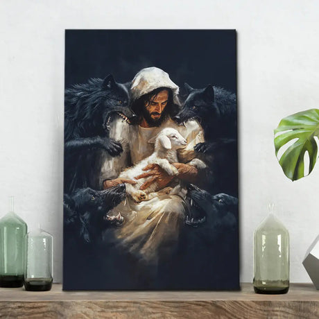 Inspirational wall art featuring Jesus protecting His lamb from wolves, symbolizing divine care and faith in Christian art.