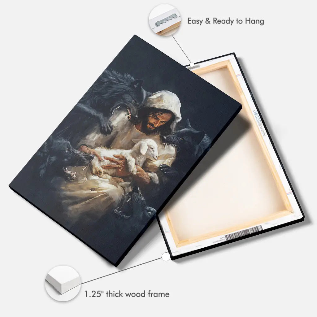 Faith-based wall art canvas with Jesus as the Good Shepherd shielding His lamb from predators, blending scripture and artistic design.