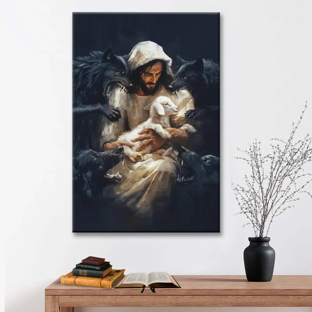 Christian canvas print showing Jesus as the Good Shepherd guarding His lamb from wolves, perfect for faith-based home decoration.