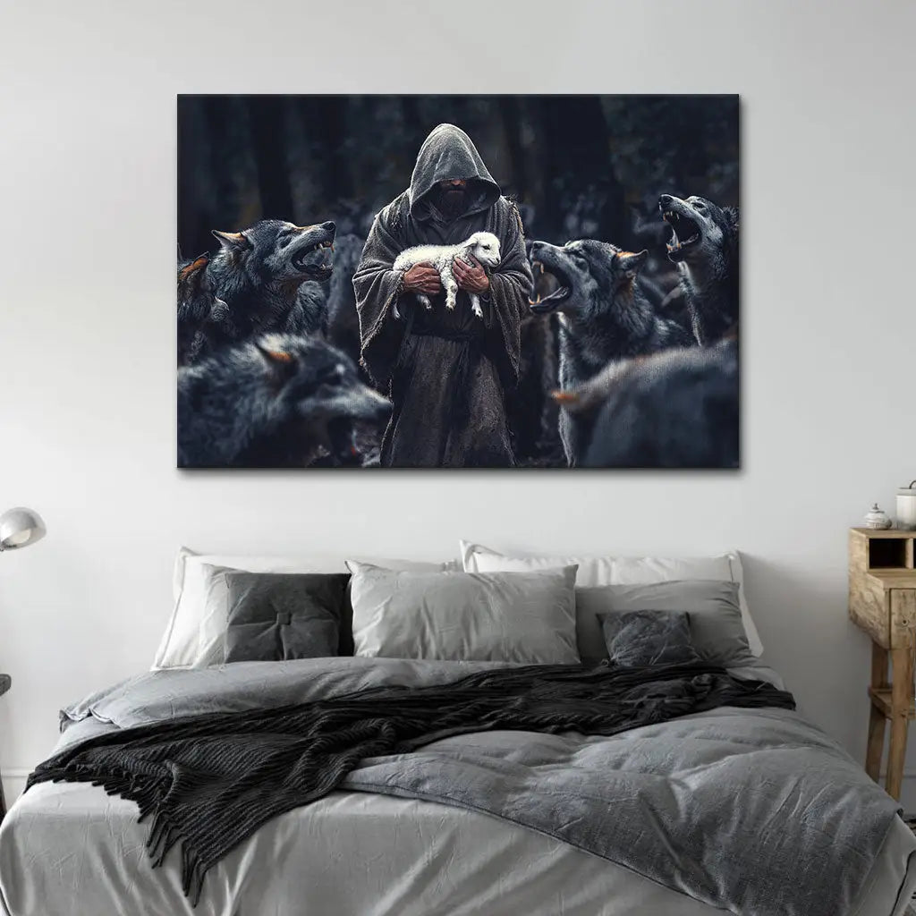 Christian wall decor featuring Jesus as the Shepherd, protecting a lamb from wolves, a powerful display of faith.