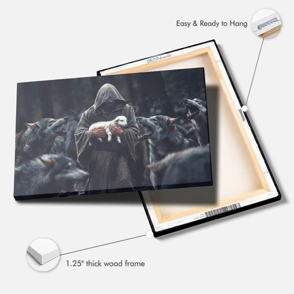 &quot;Jesus the Shepherd Protects the Lamb&quot; canvas print, ideal Christian art for home or office decor.