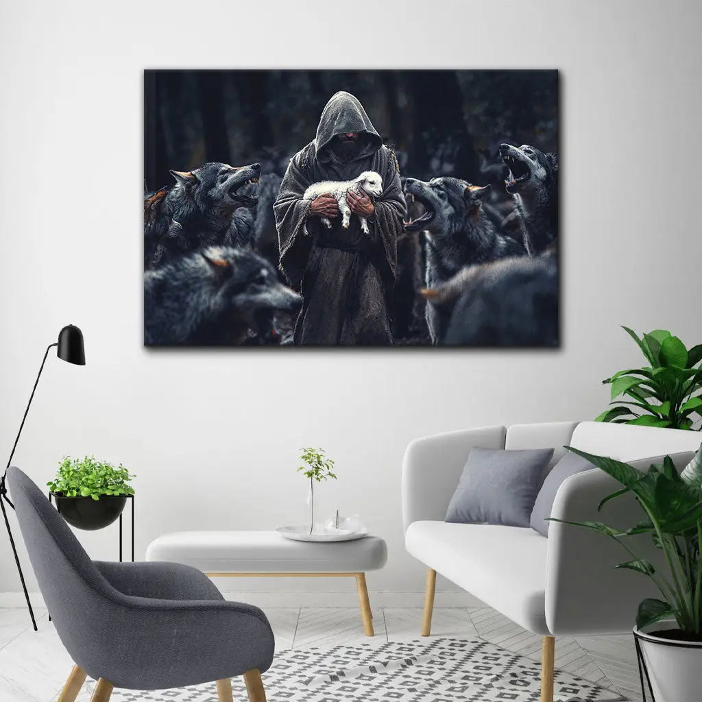 Inspirational Jesus artwork, depicting Jesus safeguarding a lamb, perfect for faith-based home decor.