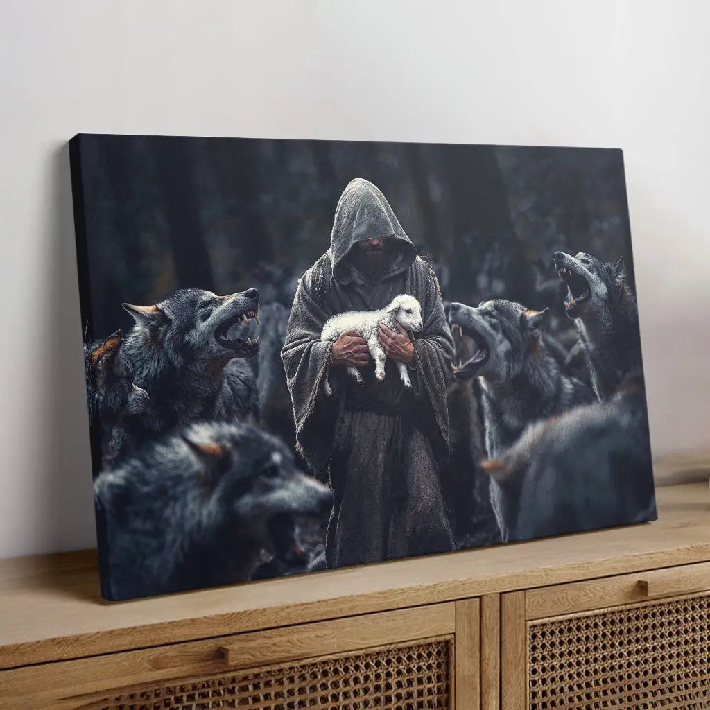 Jesus the Shepherd protecting lambs from wolves canvas, a meaningful Christian gift for believers.