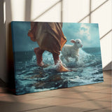Inspirational wall art of Jesus and lamb walking on water, ideal Christian gift for scripture-based home decor.