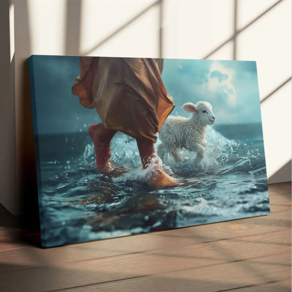 Inspirational wall art of Jesus and lamb walking on water, ideal Christian gift for scripture-based home decor.