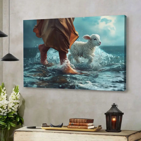 Jesus art featuring Jesus walking on water with a lamb, perfect Christian wall decor for believers.