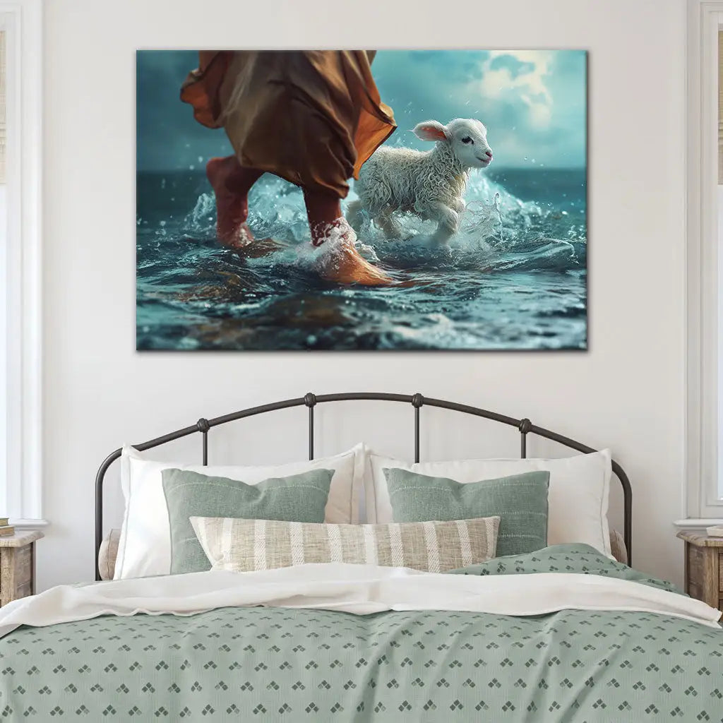 Religious wall art canvas of Jesus and lamb on water, perfect for faith-filled Christian gifts and decor.
