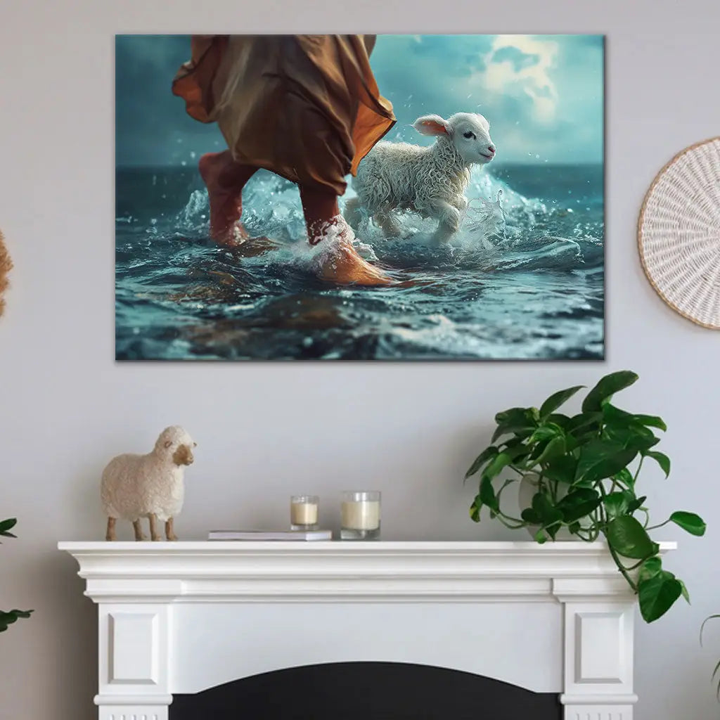 Christian artwork with Jesus walking on water holding a lamb, great religious gift for Christian homes.