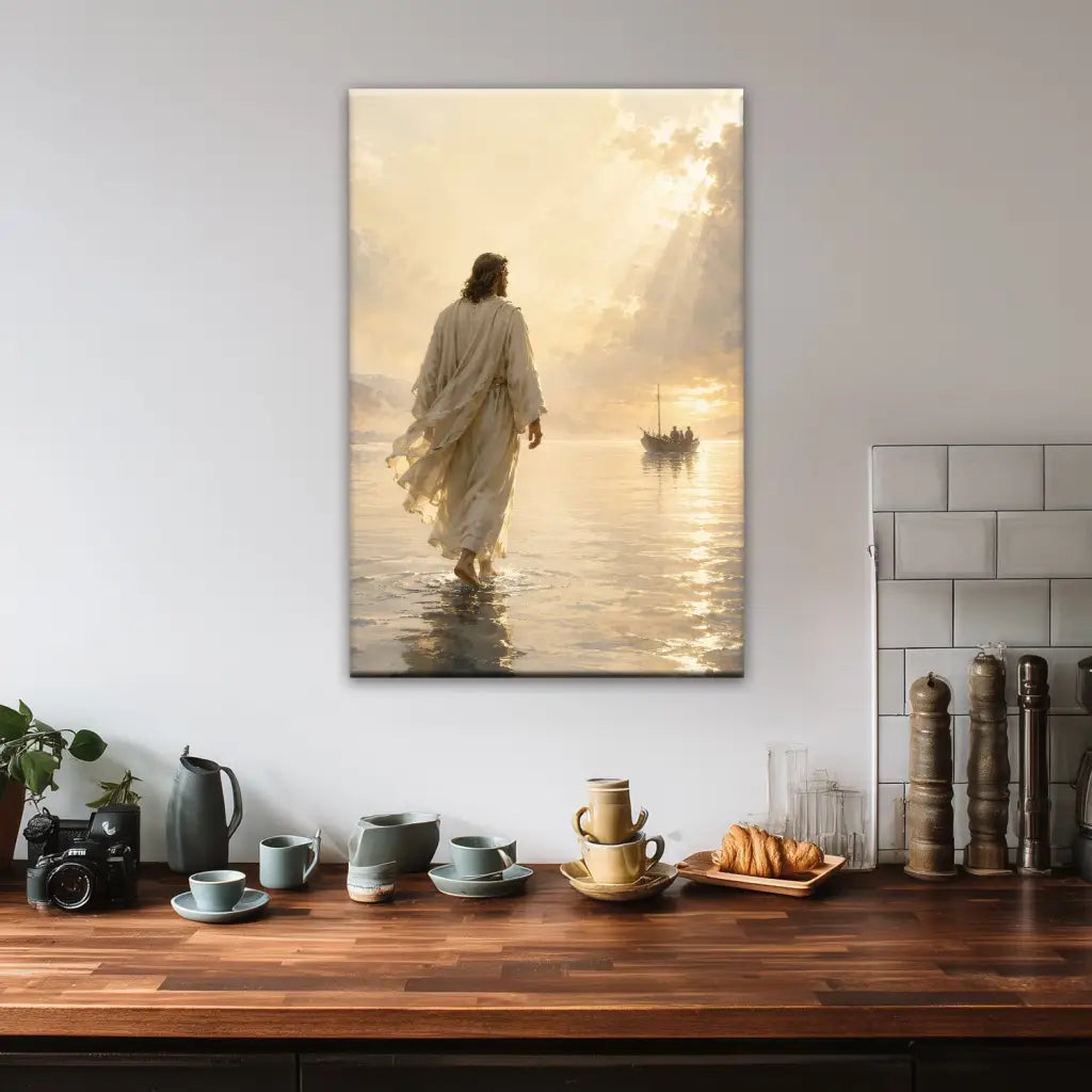 Christian wall art canvas featuring Jesus Walking On Water from Matthew 14 scripture