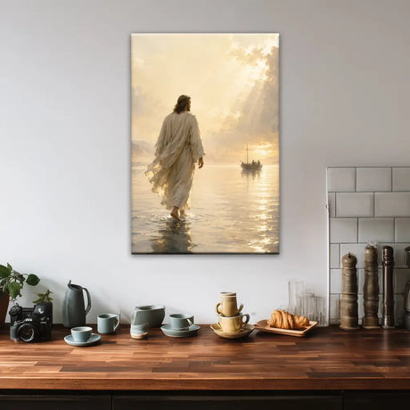 Christian wall art canvas featuring Jesus Walking On Water from Matthew 14 scripture