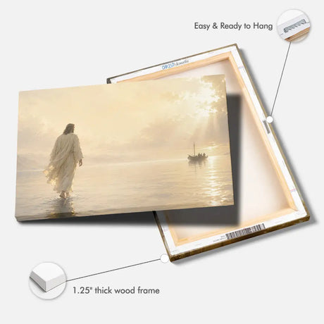 Jesus Walking On Water Christian wall decor canvas print with ocean waves and divine light