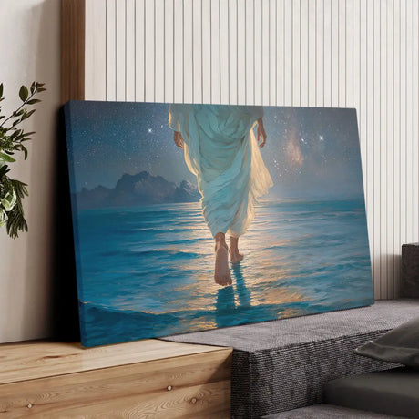 Jesus Walking on Water wall art showing Christ over calm sea beneath a glowing night sky.