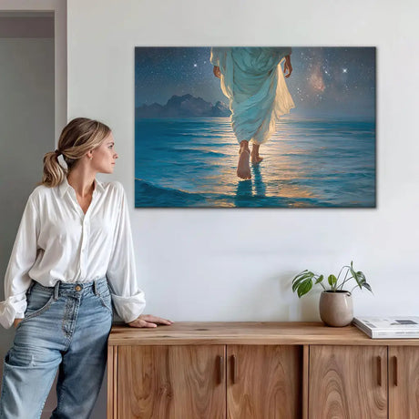 Christian wall art canvas depicting Jesus walking peacefully on the water—symbol of faith and peace.