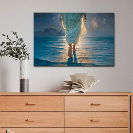 Religious canvas art portraying Jesus walking on water under a radiant moonlit sky.