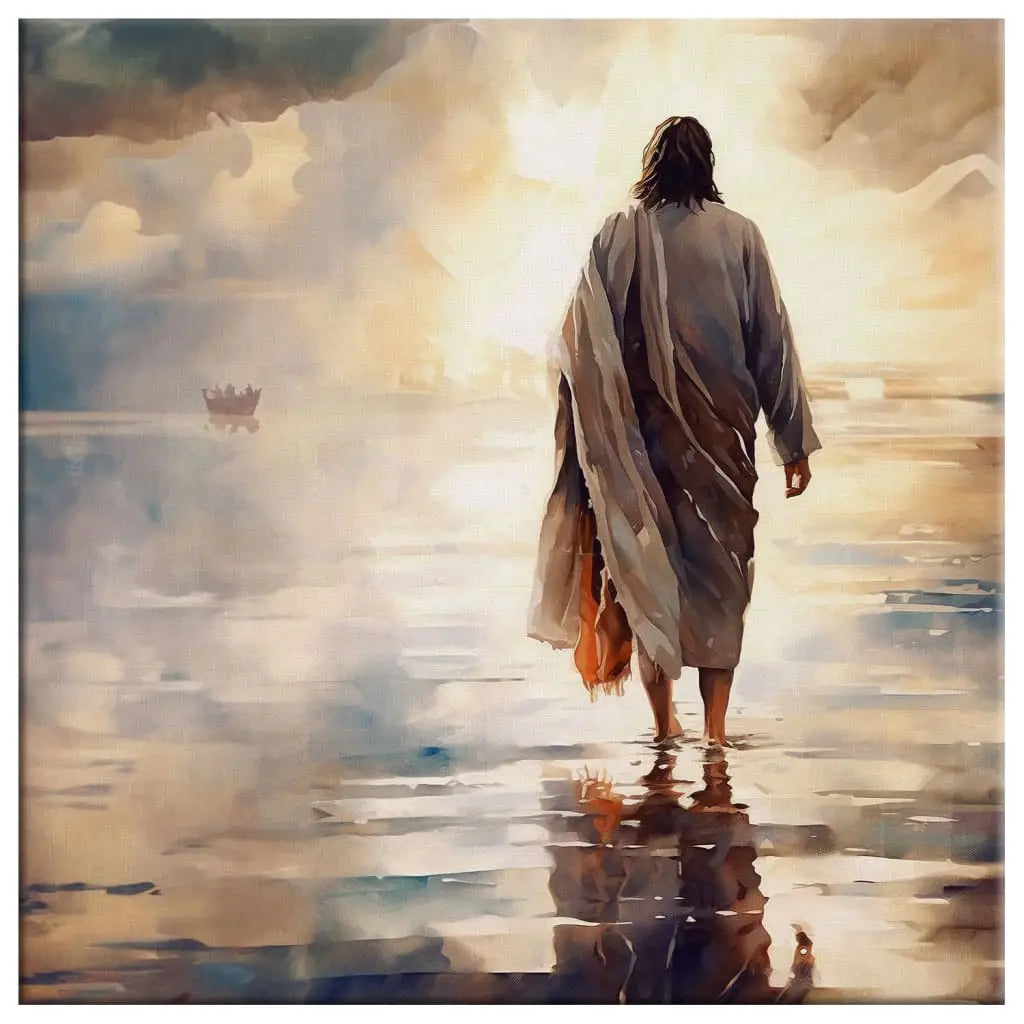 Christian wall art depicting Jesus walking on water, great for a motivational and spiritual decoration.