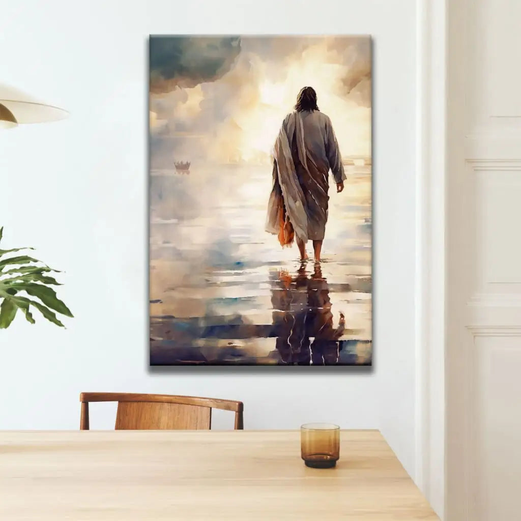 Christian wall art featuring Jesus walking on water, perfect faith-based decor for Christian homes.