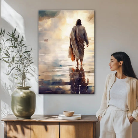 Christian wall art canvas: Jesus walking on water. Inspirational faith-based artwork for home decor.