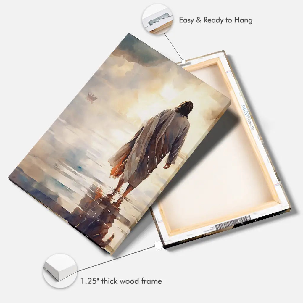 Scripture-inspired wall art: Jesus walking on water canvas print, ideal for Christian gifts and home decoration.