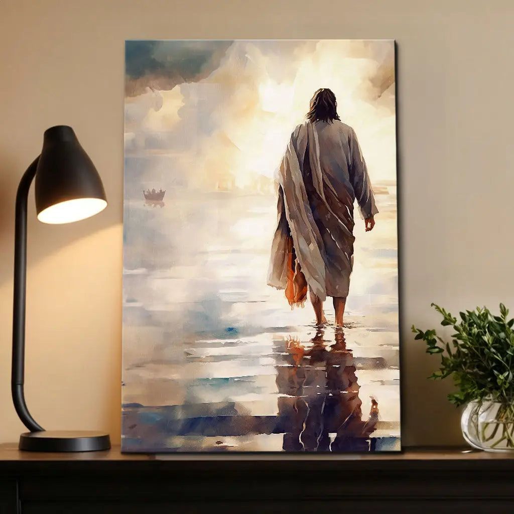 Jesus art print: Beautiful Christian wall art featuring Jesus walking on water. A perfect faith-filled gift.