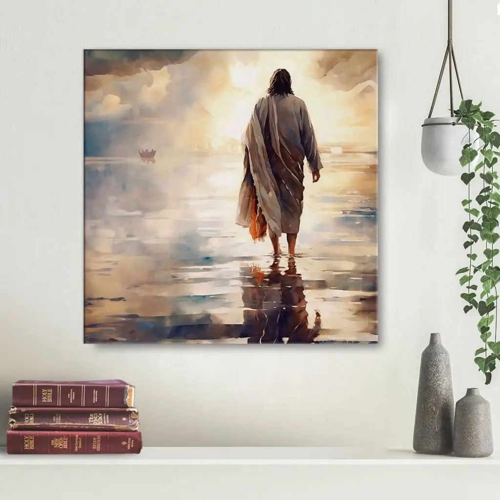 Inspirational Jesus artwork showing Him walking on water, ideal Christian wall decor for believers.