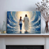 Jesus walking beside young woman through ocean waves Christian canvas print decor