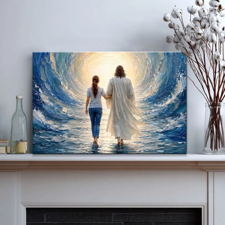 Jesus walking beside young woman through ocean waves Christian canvas print decor