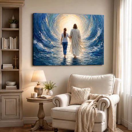 Christian wall art canvas showing Jesus and woman walking through parted sea artwork