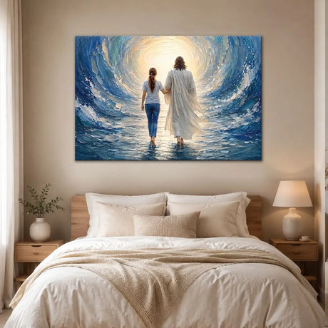 Faith based canvas art Jesus walking with woman through the sea inspirational wall decor