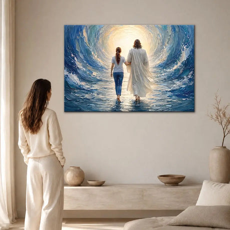 Jesus Walking With A Young Woman Through The Sea – Christian Wall Art Canvas