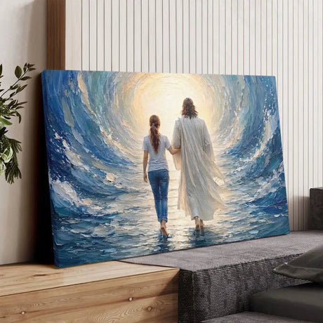 Jesus walking with a young woman through the sea Christian wall art canvas with waves