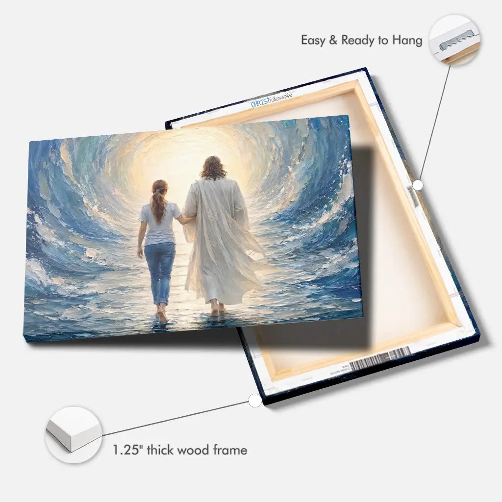 Jesus Walking With A Young Woman Through The Sea – Christian Wall Art Canvas