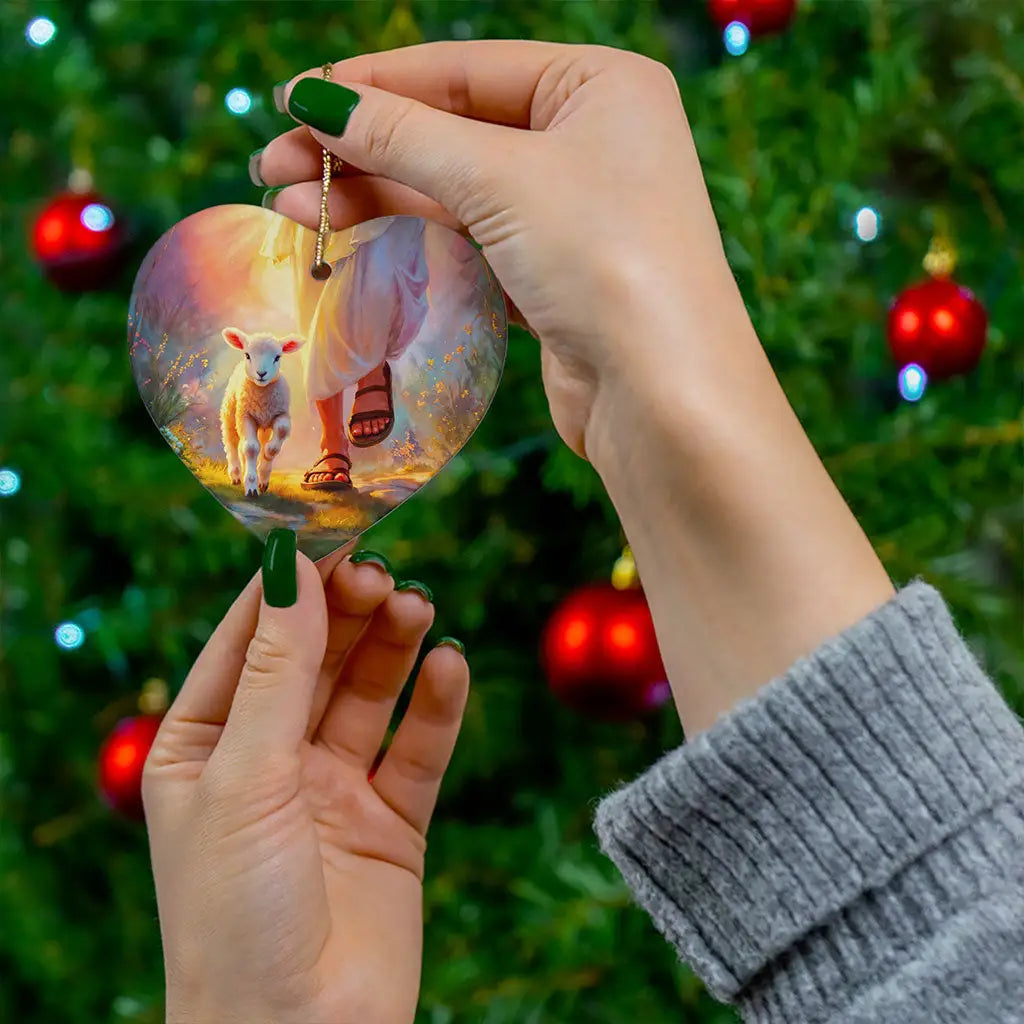 Jesus walking with lamb ornament, an inspirational Christian decoration for Christmas.