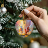 Christian ornament showing Jesus walking with a lamb, symbolizing peace and faith.