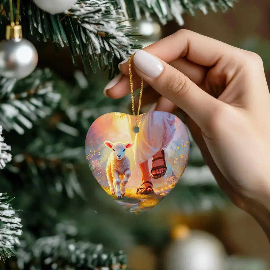 Christian ornament showing Jesus walking with a lamb, symbolizing peace and faith.
