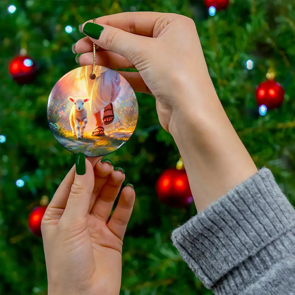 Faith-based ornament featuring Jesus walking with a lamb, a meaningful Christian gift.