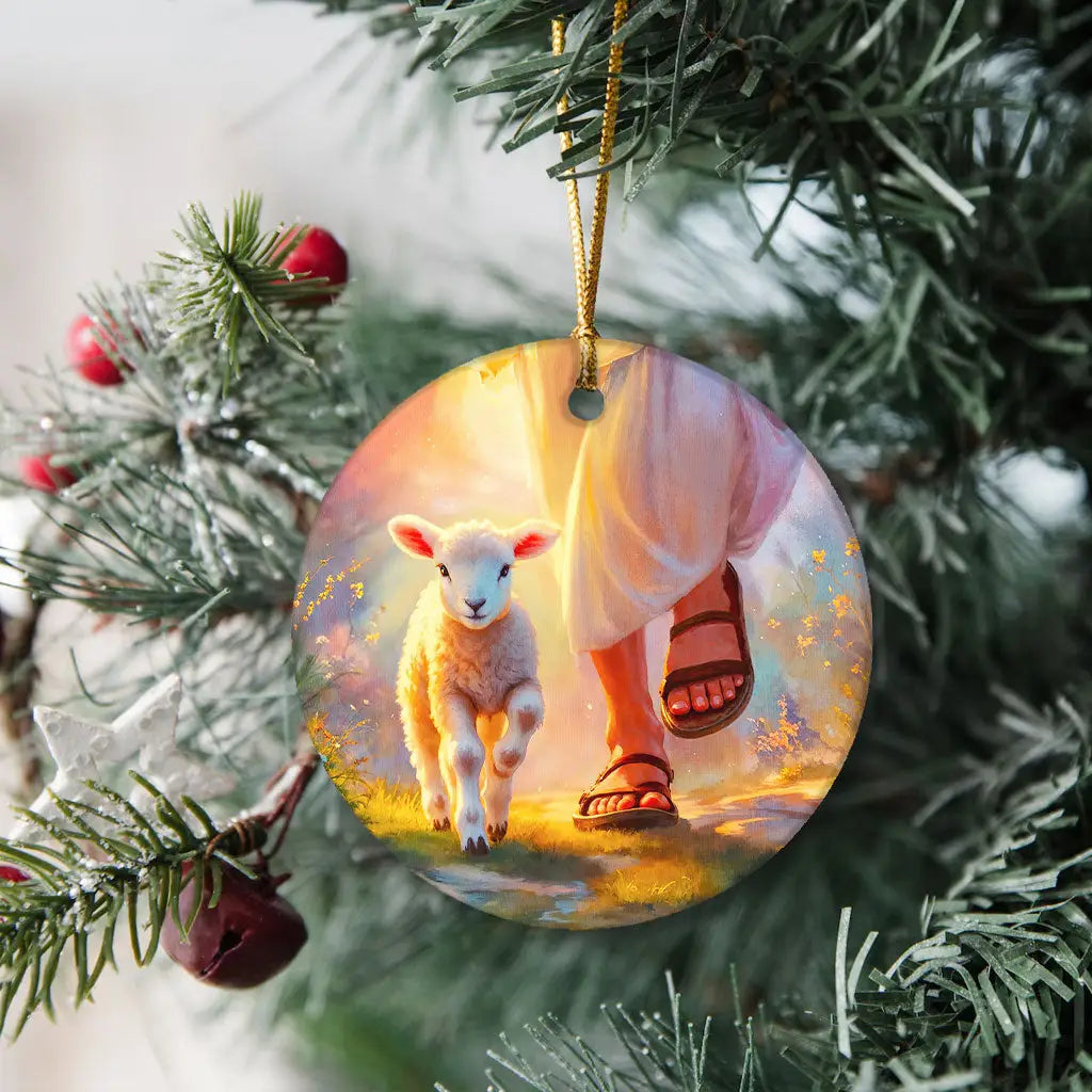 Jesus walking with a lamb ornament, a beautiful symbol of faith and companionship.