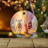 Inspirational ornament showing Jesus walking with a lamb, perfect for holiday decor / Circle.