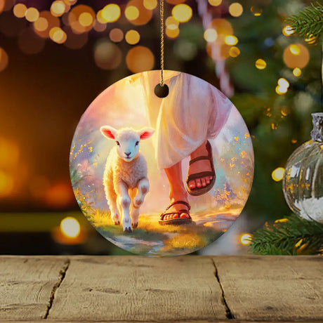 Inspirational ornament showing Jesus walking with a lamb, perfect for holiday decor / Circle.