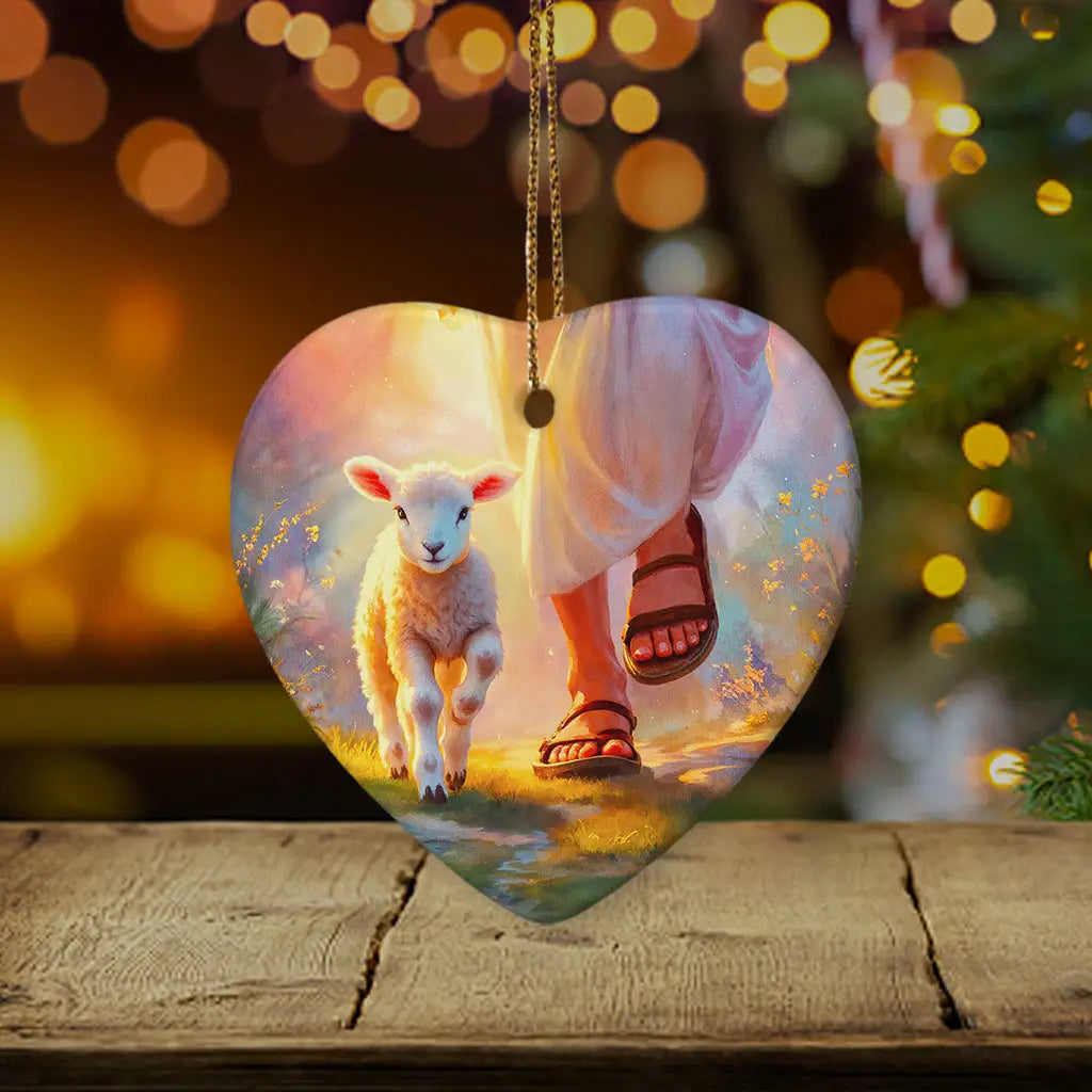 Faith-filled Christmas ornament with Jesus walking with a lamb, perfect for gifting / Heart.