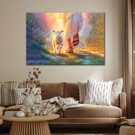 Christian wall art featuring Jesus walking with a lamb, perfect faith-based home decor for believers.