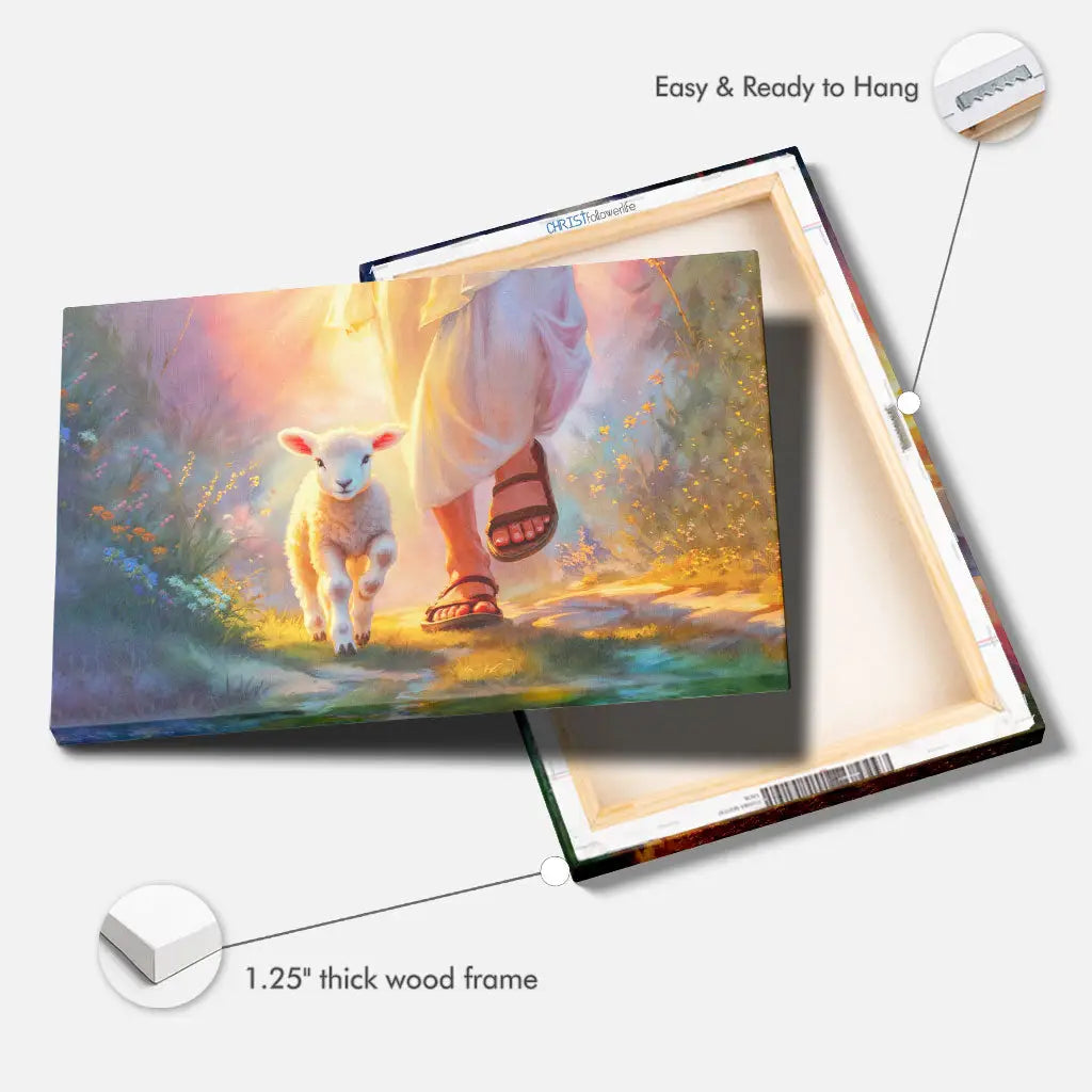 Christian canvas print of Jesus walking with a lamb, ideal inspirational wall art for believers.