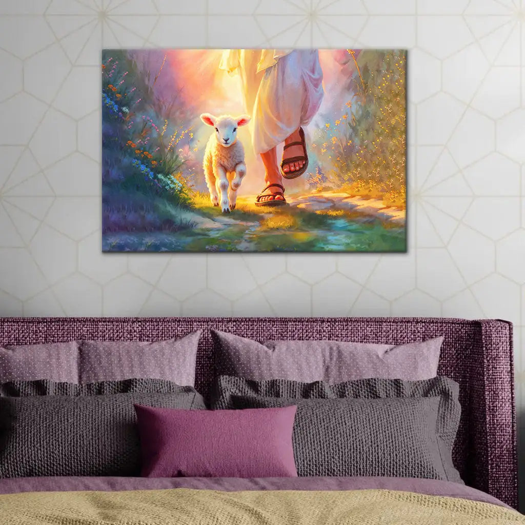 Religious wall art canvas featuring Jesus walking with a lamb, perfect for faith-filled Christian home decor.